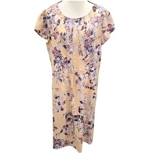 J. Jill Love Linen Dress L Large Peach Purple Floral Shift Cap Sleeve Pintuck